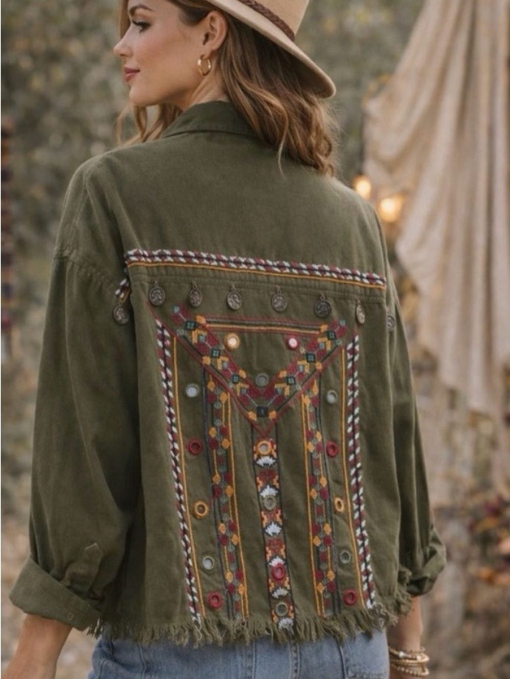 Anthropologie Beautiful Stories Olive Green Embroidered Utility Jacket